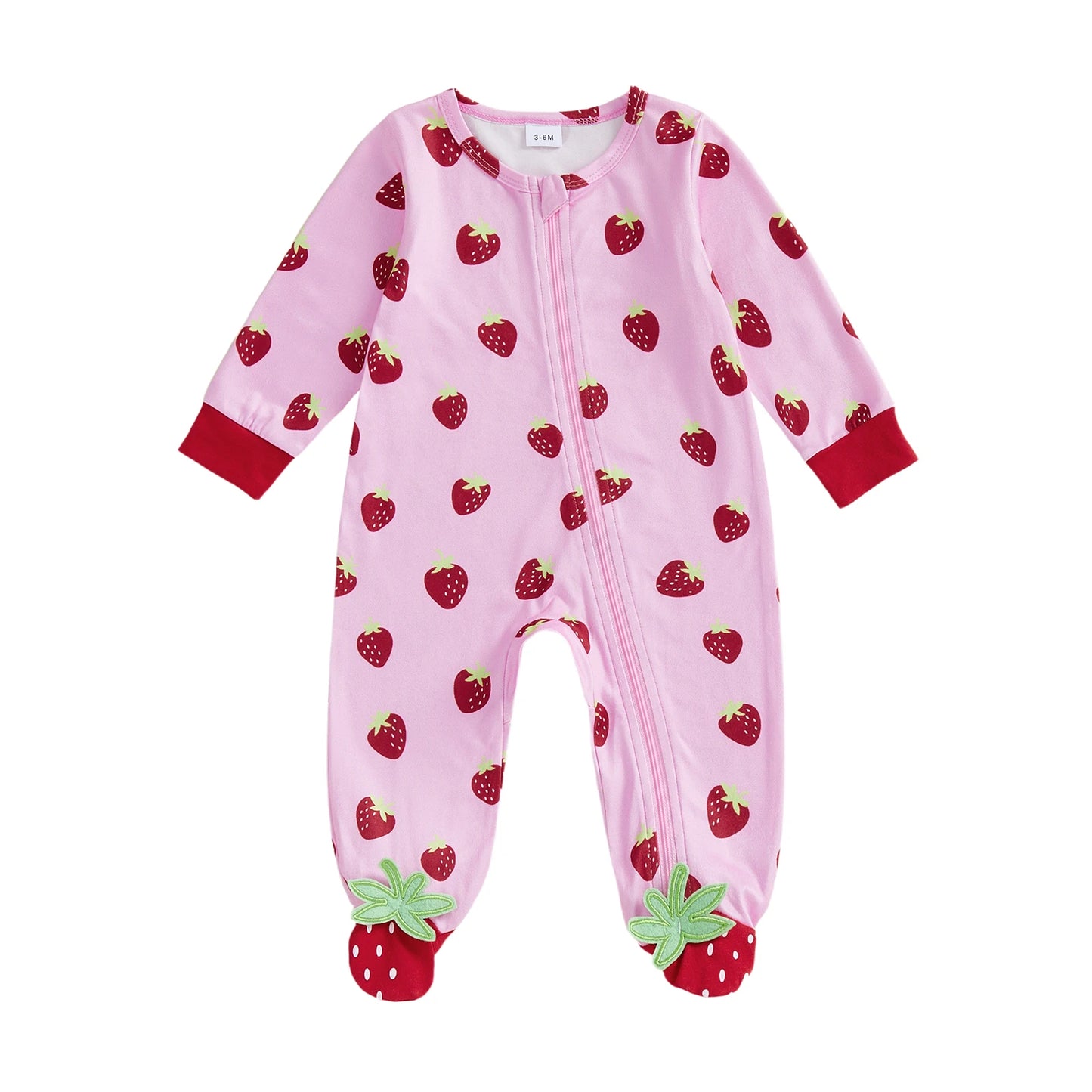 Baby Girls Zipper Romper Long Sleeve Crew Neck Strawberry Print Footed Spring Jumpsuit