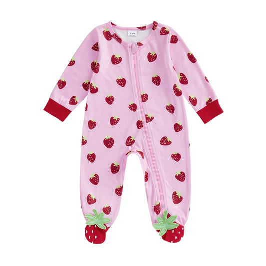 Baby Girls Zipper Romper Long Sleeve Crew Neck Strawberry Print Footed Spring Jumpsuit