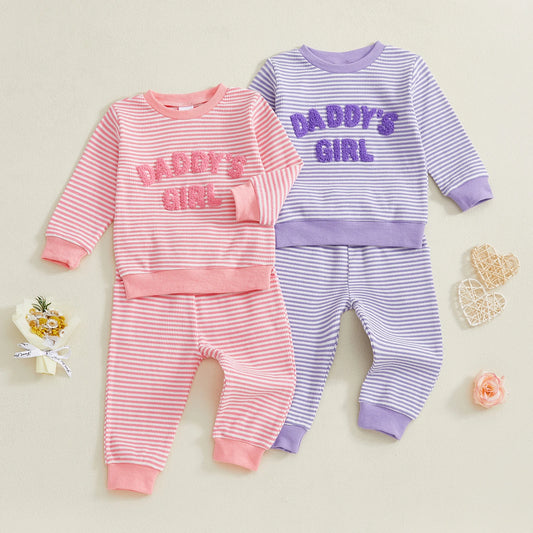 Baby Toddler Girl 2Pcs Daddy's Girl Fall Stripe Outfits Letter Embroidery Long Sleeve Round Neck Pullover Elastic Waist Pants 2Pcs Set