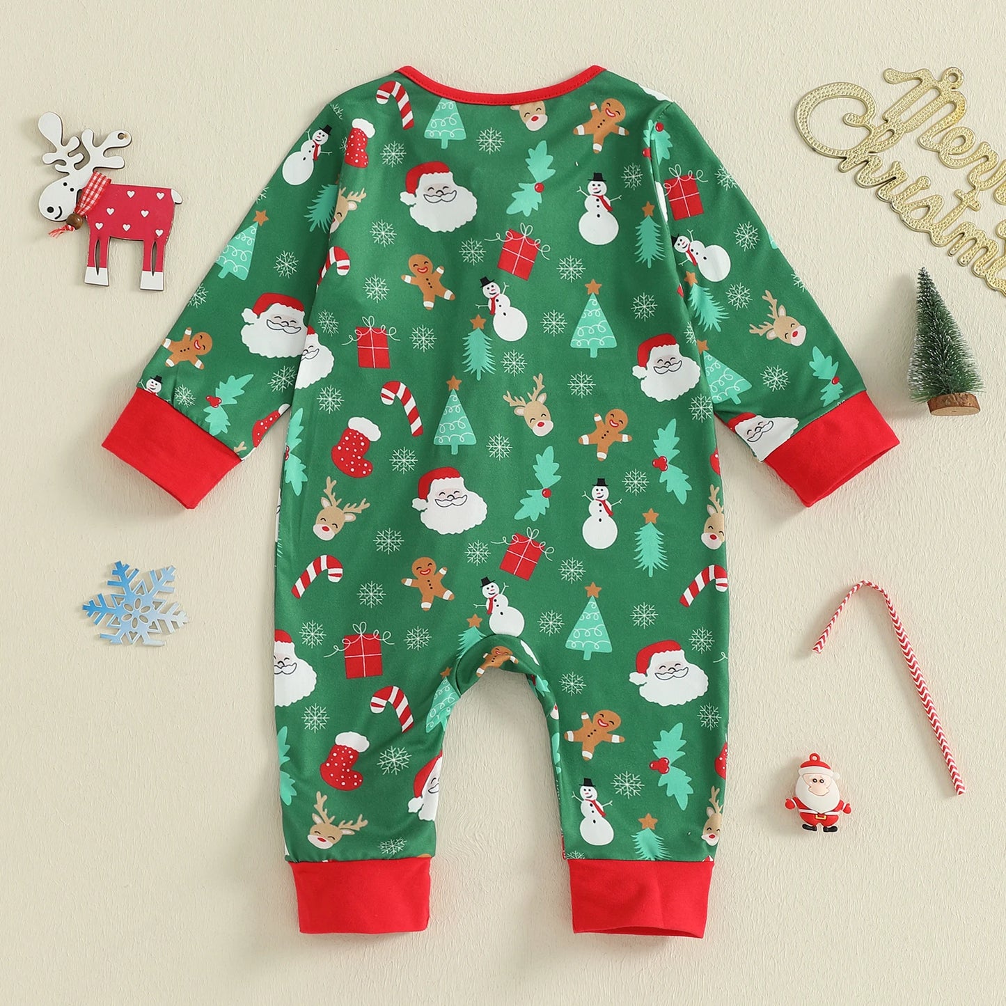 Baby Boys Girls Christmas Zipper Romper Reindeer Santa Print Zip Up Long Sleeve Round Neck Jumpsuit