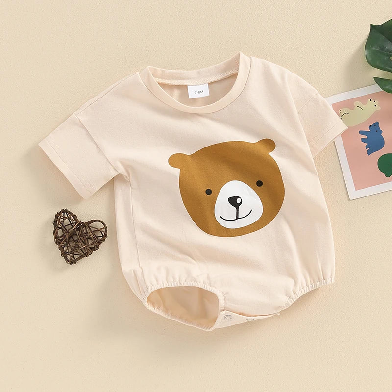 Baby Boy Girl Romper Bear Print Short Sleeve Crew Neck Neutral Jumpsuit