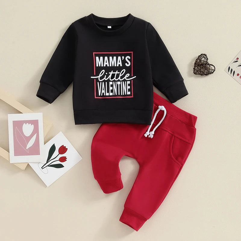 Toddler Baby Boy Girl 2Pcs Set Long Sleeve Letter Mama's Littlest Little Valentine / Mama's Boyfriend Heart Print Top with Jogger Pants Valentine's Day Outfits