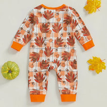 Load image into Gallery viewer, Baby Boys Girls Thanksgiving Romper Turkey Print Contrast Color Checkered Long Sleeve Fall Jumpsuit
