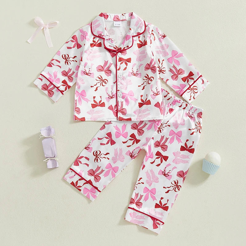 Baby Toddler Girl 2Pcs Pajamas Set Bow Pattern Button Down V Neck Long Sleeve Top and Pants Lounge Wear 2 Pcs PJs Set for Fall Winter