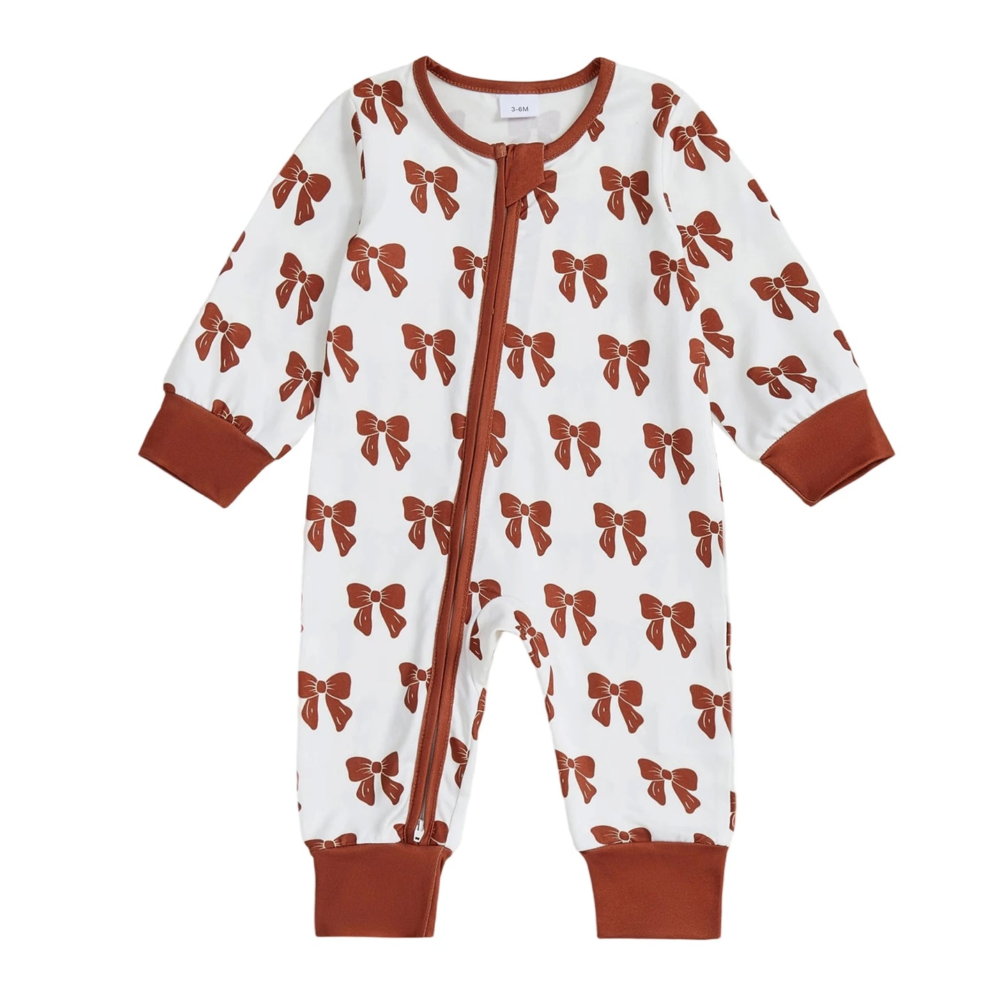 Baby Girl Zipper Romper Long Sleeve Round Neck Bow Print Jumpsuit