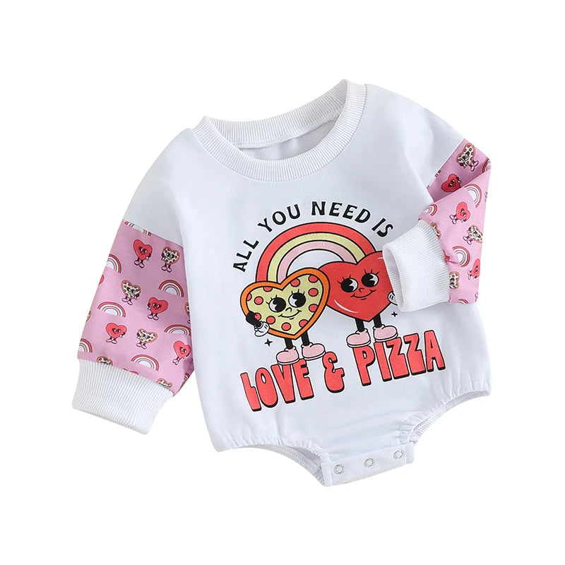 Baby Girls Bubble Romper Valentine's Day Heart Print Letters All You Need Is Love & Pizza Heart Long Sleeve Jumpsuit