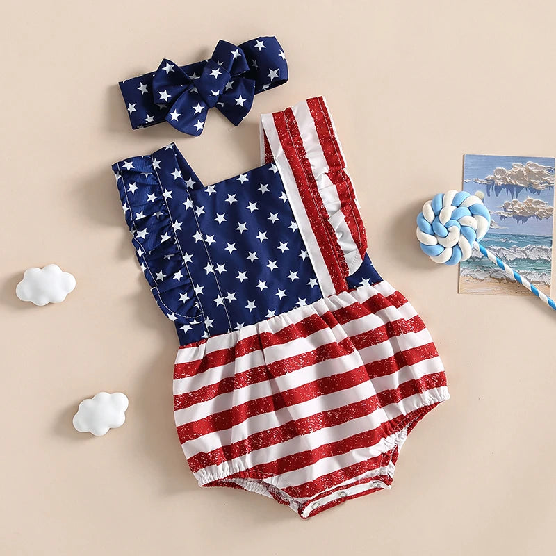 Baby Girl 2Pcs 4th of July Outfit Sleeveless Backless Ruffle Romper USA Flag with Headband Set