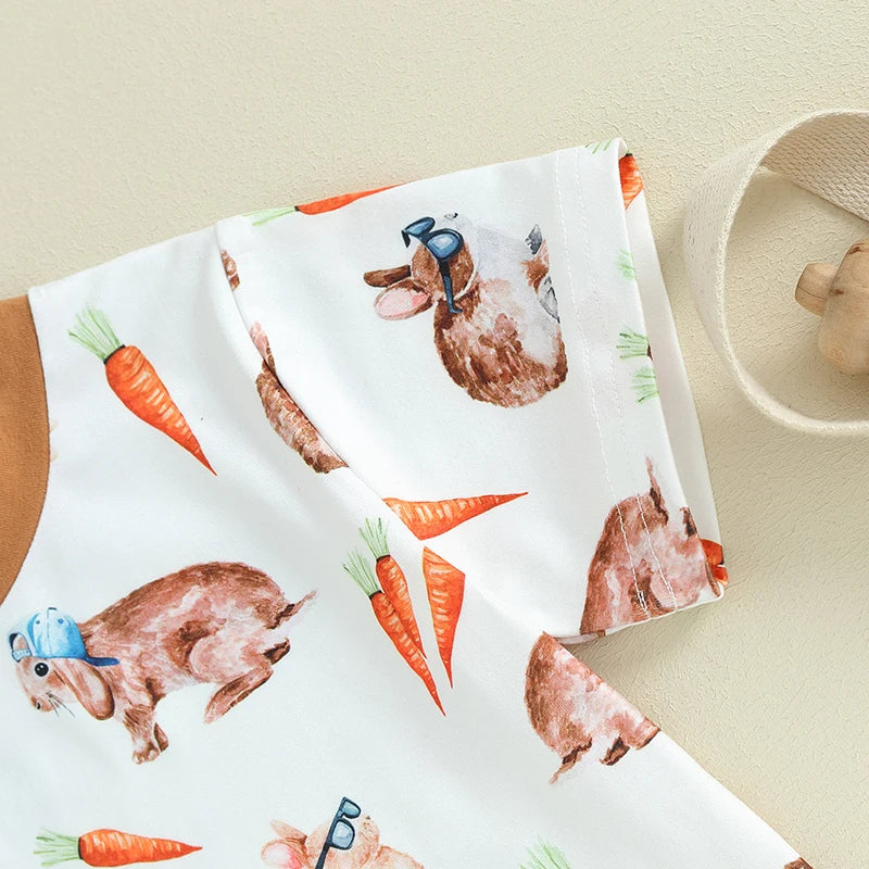 Baby Toddler Boy Girl 2Pcs Easter Outfit Carrot Rabbit Easter Bunny Print Short Sleeve T-Shirts Elastic Waist Long Pants Clothes Set