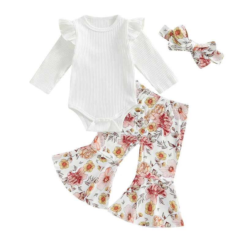 Baby Girls 3Pcs Fall Outfit Long Sleeve Ribbed Romper with Floral Flower Print Flare Pants and Headband Set