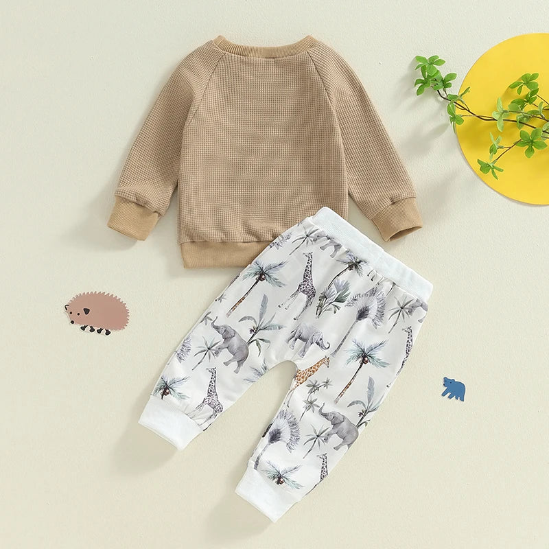 Baby Toddler Boys 2Pcs Fall Outfit Waffle Long Sleeve Round Neck Top and Animal Elephant Dinosaur Pattern Pants Set