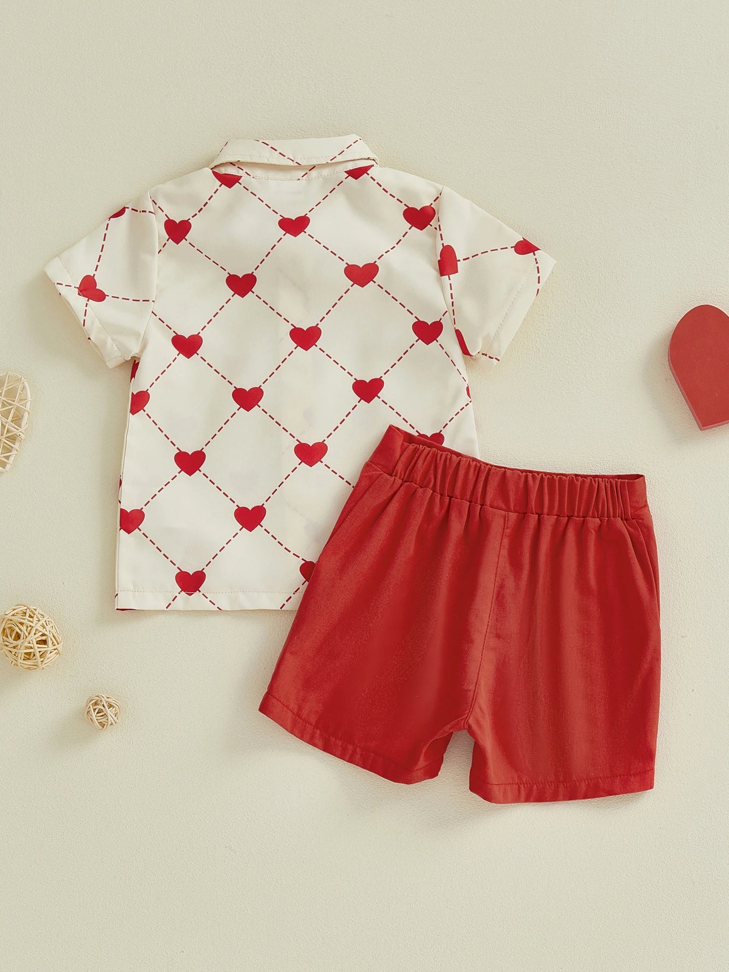 Baby Toddler Boys 2Pcs Valentine's Day Outfit Heart Short Sleeve Bowtie Shirt and Solid Shorts 2 Piece Set