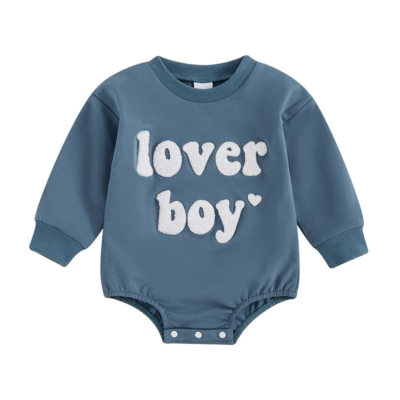 Baby Boys Lover Boy Valentine's Day Bubble Romper Long Sleeve O-Neck Embroidery Letters Valentines Bodysuit