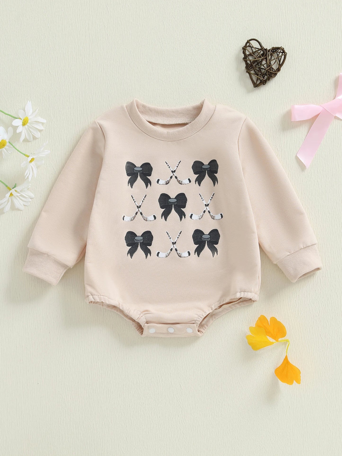 Baby Girls Fall Romper Bow Hockey / Game Day Letter Print Long Sleeve Round Neck Bubble Jumpsuit