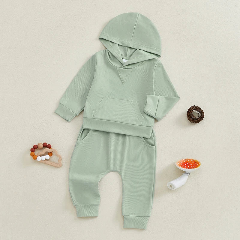 Baby Toddler Boys Girls Fall Outfit Ribbed Long Sleeve Hooded Top and Elastic Waist Pants Jogger Set