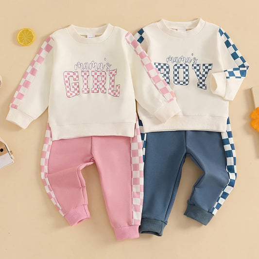 Baby Toddler Boys Girls 2Pcs Mama's Boy / Girl Outfit Checkered Letter Print Long Sleeve Crewneck Top and Elastic Pants Jogger Set