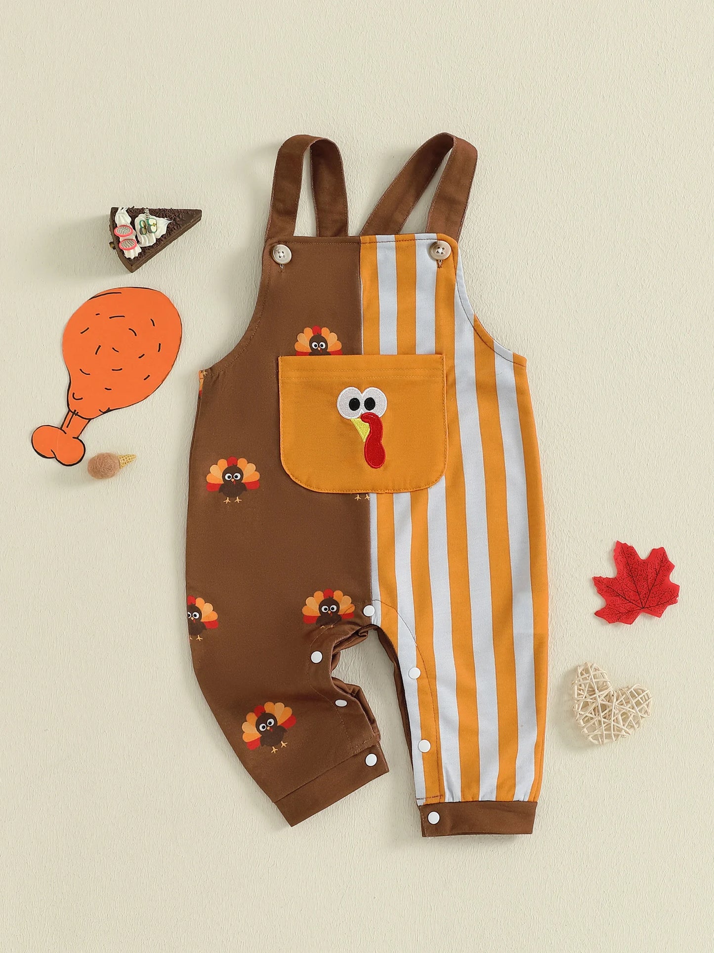Baby Boy Thanksgiving Romper Overalls Turkey Stripe Print Sleeveless Suspender Jumpsuit