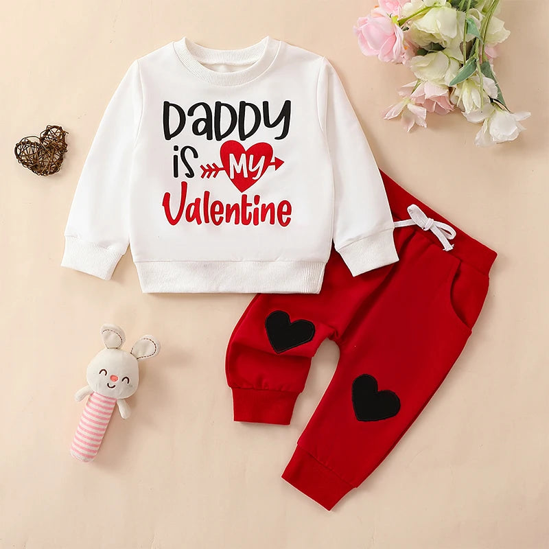 Baby Toddler Girl 2Pcs Valentine's Day Outfit Letter Daddy's Valentine Print Top Heart Knee Long Pant Clothes Set