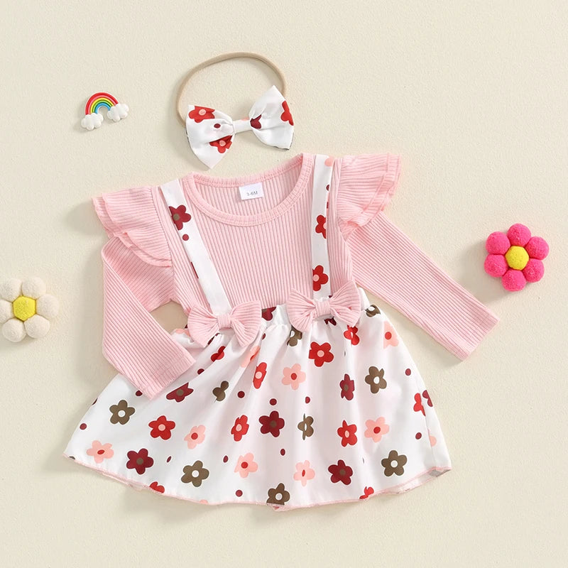 Baby Girls 2Pcs Romper Dress Flower Print Long Sleeve Skirt Overalls Jumpsuit Fall Bodysuits with Headband Set