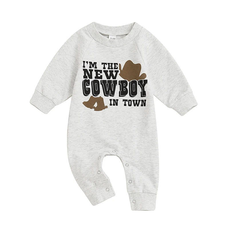 Baby Boy I'm The New Cowboy In Town Western Romper Letter Print Round Neck Long Sleeve Full Length Jumpsuit Fall