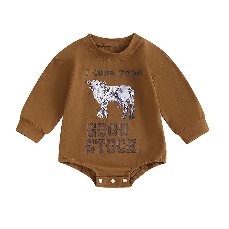 Baby Boys Girls I Come From Good Stock Romper Letter Cow Print Long Sleeve Round Bubble Bodysuit