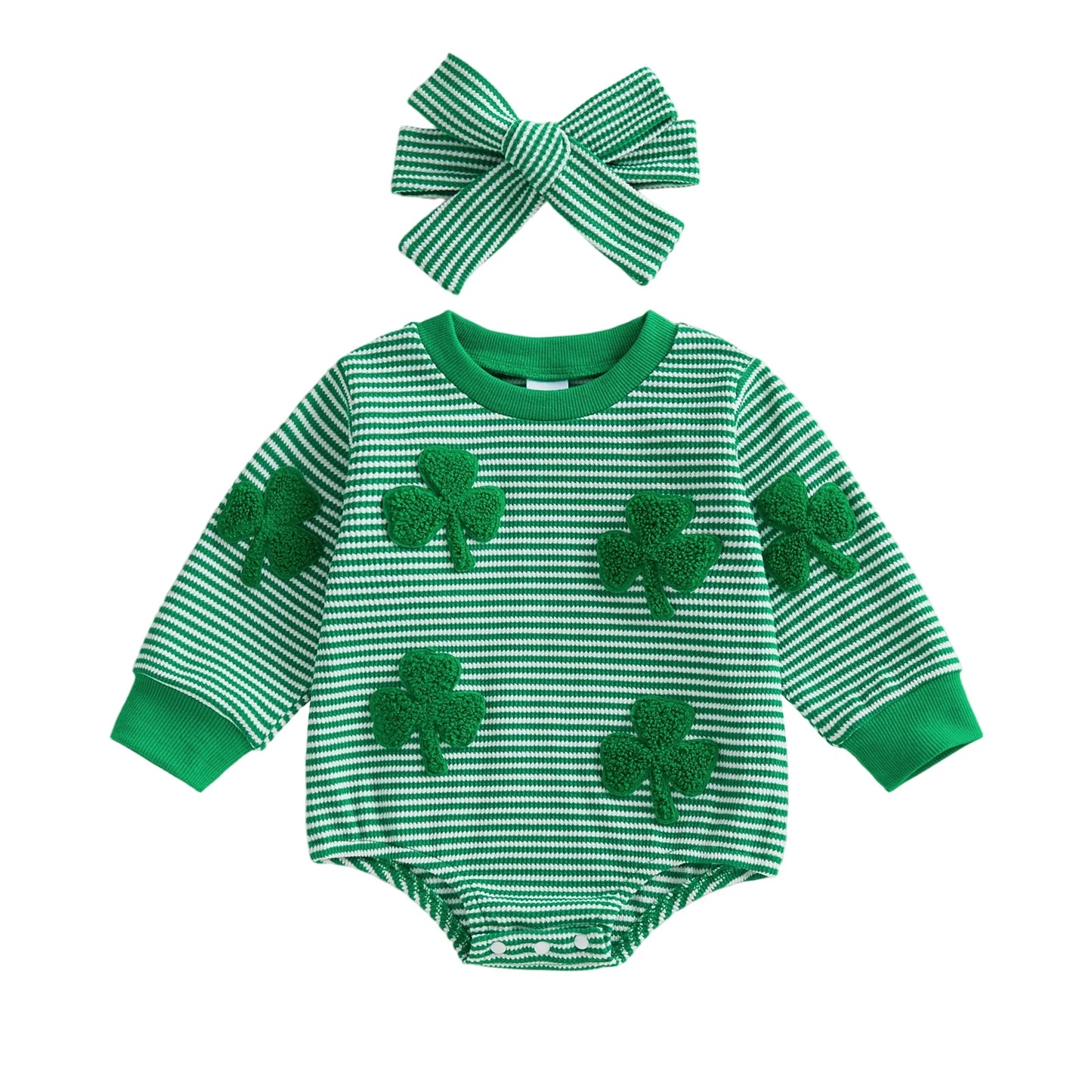 Baby Girl 2Pcs Spring Romper Stripe Shamrock Embroidery Long Sleeve Round Neck Jumpsuit with Headband St. Patrick's Day Set