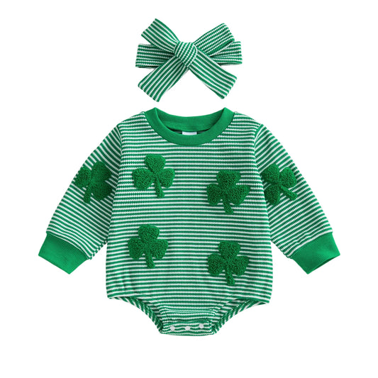 Baby Girl 2Pcs Spring Romper Stripe Shamrock Embroidery Long Sleeve Round Neck Jumpsuit with Headband St. Patrick's Day Set