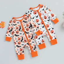 Load image into Gallery viewer, Baby Boy Girl Halloween Jumpsuit Long Sleeve Crew Neck Pumpkin Print Zipper Romper
