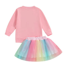 Load image into Gallery viewer, Toddler Kids Girls Birthday Outfit Letter Number TWO THREE FOUR FIVE SIX Embroidery Long Sleeve Top and Rainbow Tulle TuTu Skirt Set
