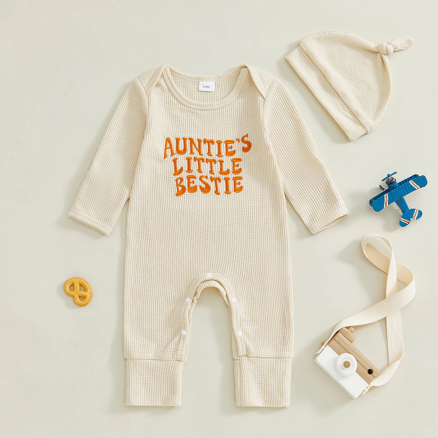 Baby Boys Girls 2Pcs Auntie's Little Bestie Fall Outfits Long Sleeve Letter Embroidery Jumpsuit with Hat Set Clothes