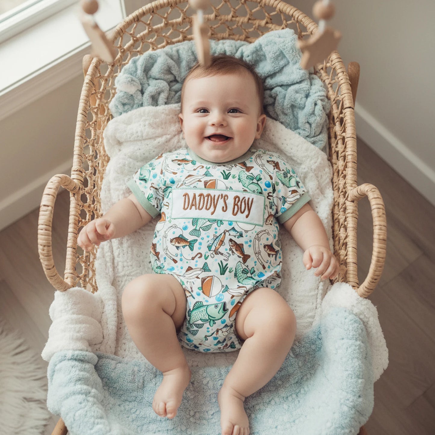 Baby Boy Daddy's Buddy / Boy Romper Adorable Fish Print Letter Embroidery Short Sleeve Round Neck Jumpsuit