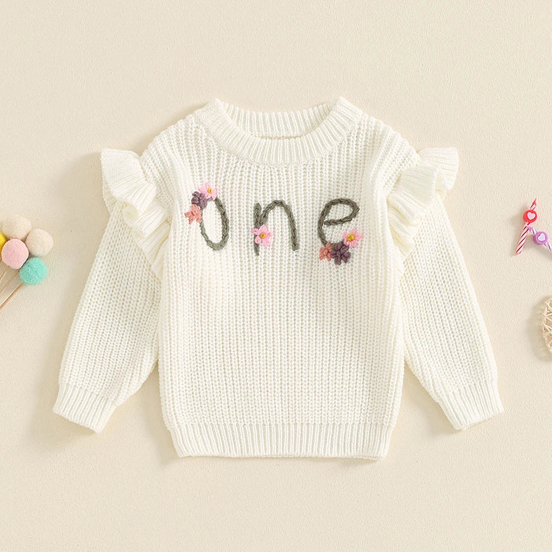 Baby Girl Birthday Sweater One Casual Floral Flowers Letter Embroidery Warm Long Sleeve Knitted Pullover Infant Knitwear Top