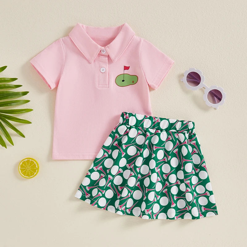 Baby Toddler Girls 2Pcs Summer Outfit Short Sleeve Collar Top and Golf Print A-Line Skirt Set