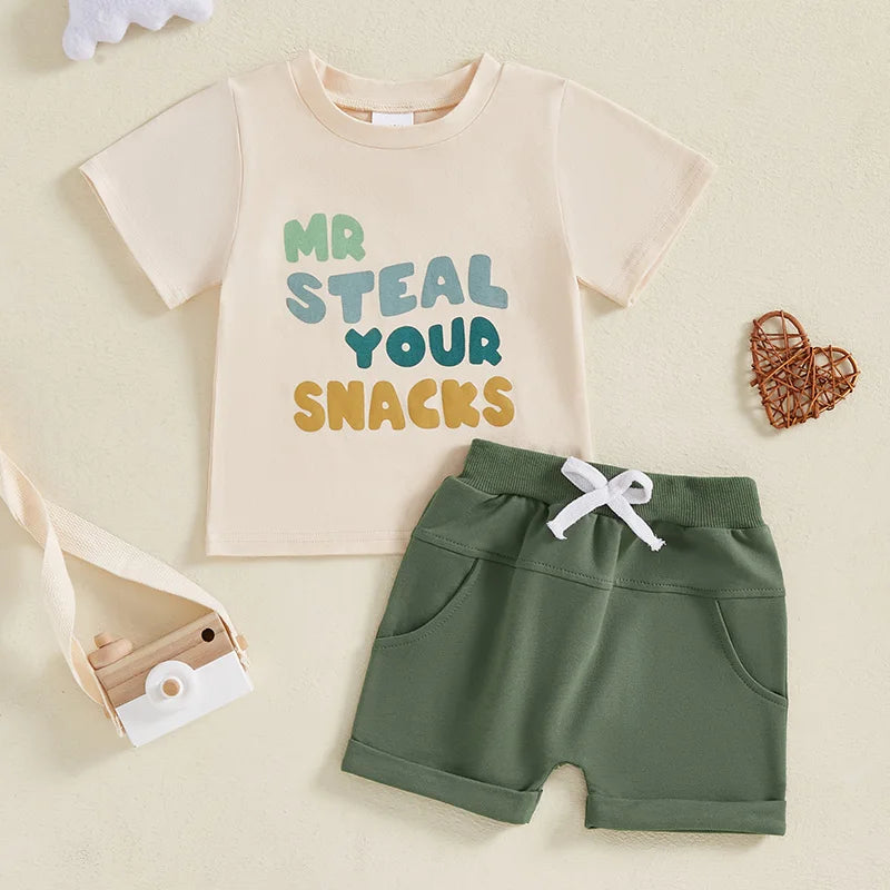 Baby Toddler Boys 2Pcs Mr Steal Your Snacks Set Letter Print Short Sleeve T-shirt Top Solid Elastic Waist Shorts Spring Summer Outfit