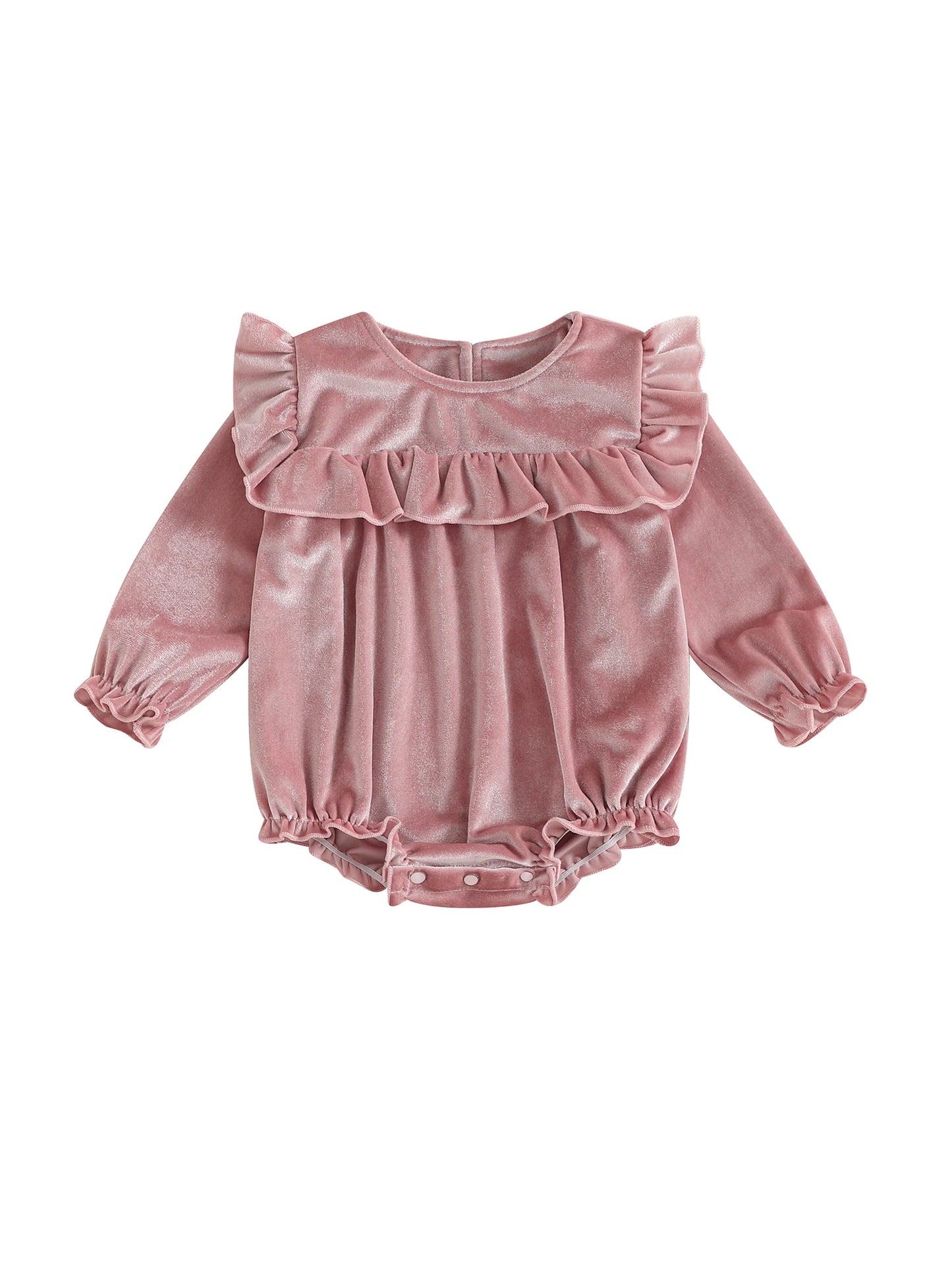 Baby Girls Velvet Romper Solid Color Ruffled Round Neck Long Sleeve Bubble Jumpsuit