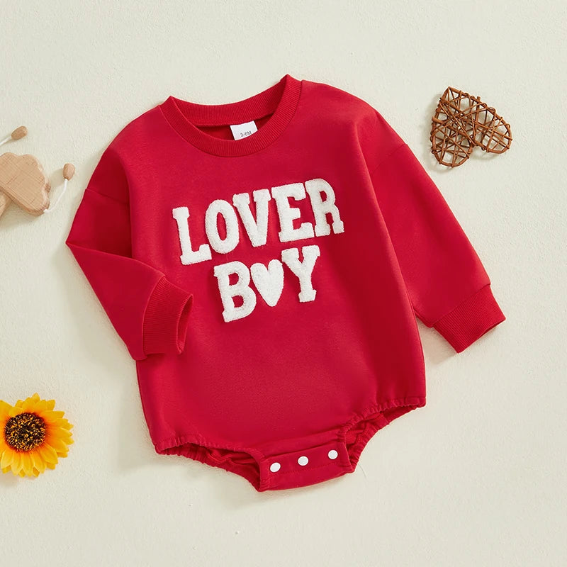 Baby Boy Bubble Romper Valentines Long Sleeve Round Neck Heart Letter Lover Boy Embroidery Bodysuit Valentine's Day