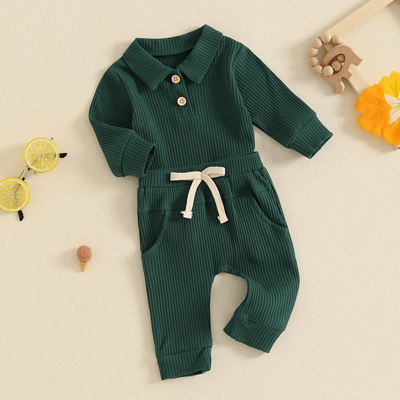 Baby Boys Girls 2Pcs Ribbed Set Button Long Sleeve Romper with Collar Drawstring Pocket Long Pants Outfit Clothes