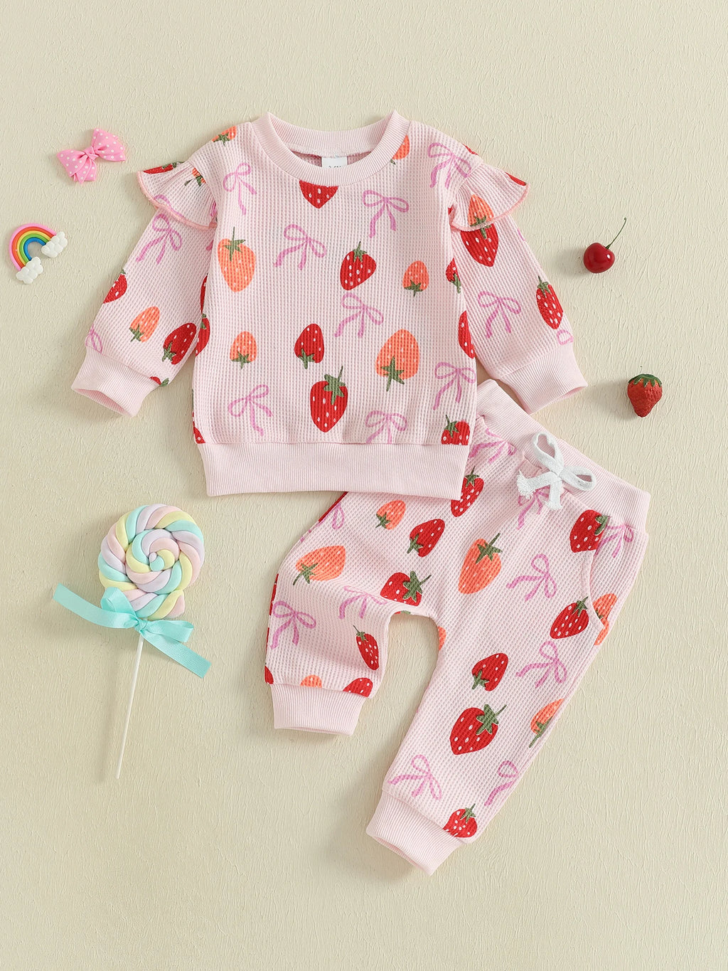 Baby Toddler Girls 2Pcs Fall Set Fashionable Strawberry Print Long Sleeve Pullover Top Bow Jogger Pants Outfit