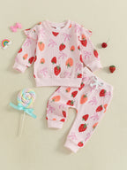 Baby Toddler Girls 2Pcs Fall Set Fashionable Strawberry Print Long Sleeve Pullover Top Bow Jogger Pants Outfit