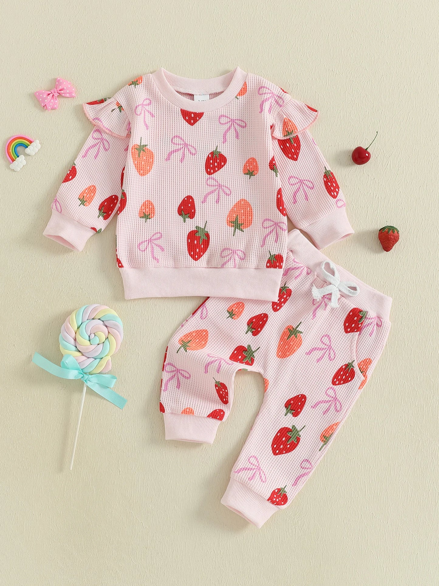 Baby Toddler Girls 2Pcs Fall Set Fashionable Strawberry Print Long Sleeve Pullover Top Bow Jogger Pants Outfit