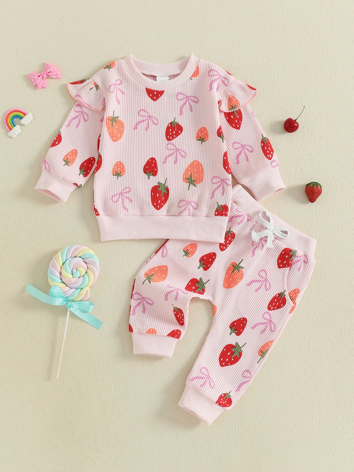 Baby Toddler Girls 2Pcs Fall Set Fashionable Strawberry Print Long Sleeve Pullover Top Bow Jogger Pants Outfit