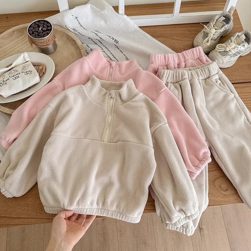 Toddler Kid Boy Girl 2Pcs Clothes Set Fleece Pullover Top Pant Suit Casual Warm Thick Winter Two Piece Jogger Set