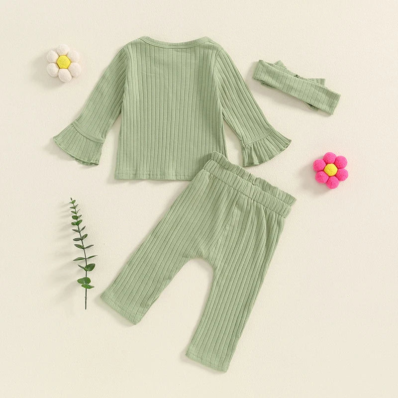 Baby Toddler Girls 3Pcs Outfit Long Flared Sleeve Round Neck Solid Color Top Ribbed Pants Headband Set