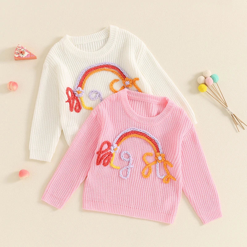 Toddler Kids Girls Big Sis Sweater Casual Rainbow Letter Embroidery Warm Knitted Long Sleeve Pullover Knitwear Top