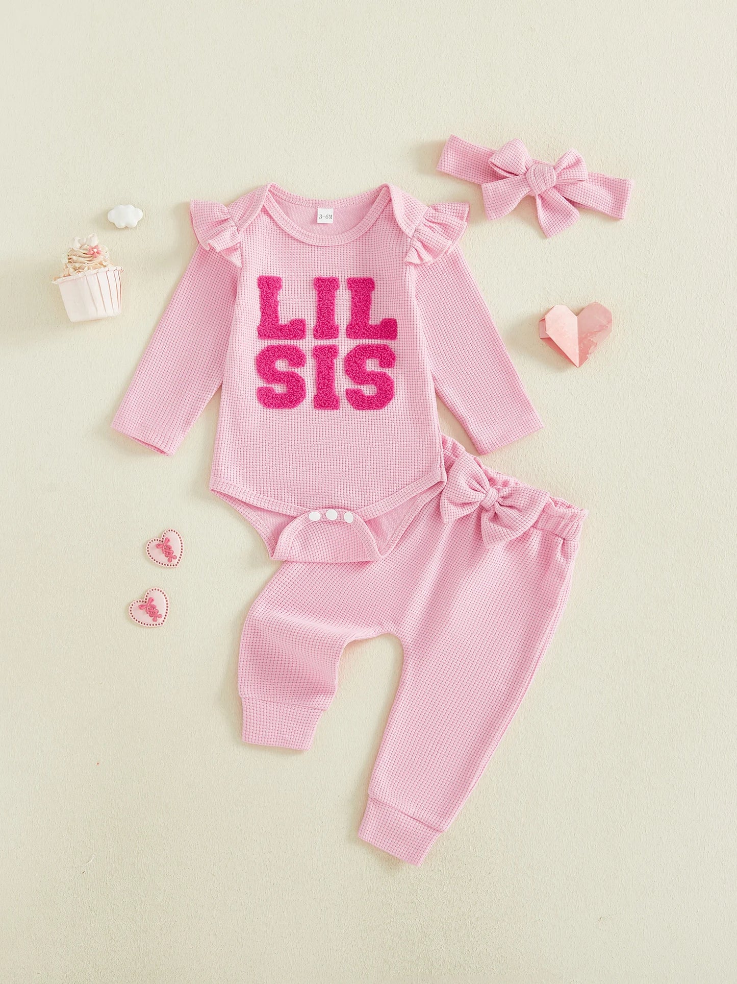Baby Girl 3Pcs Lil Sis Outfit Waffle Letter Embroidered Crew Neck Long Sleeve Romper Jogger Pants and Headband 3 Pcs Set