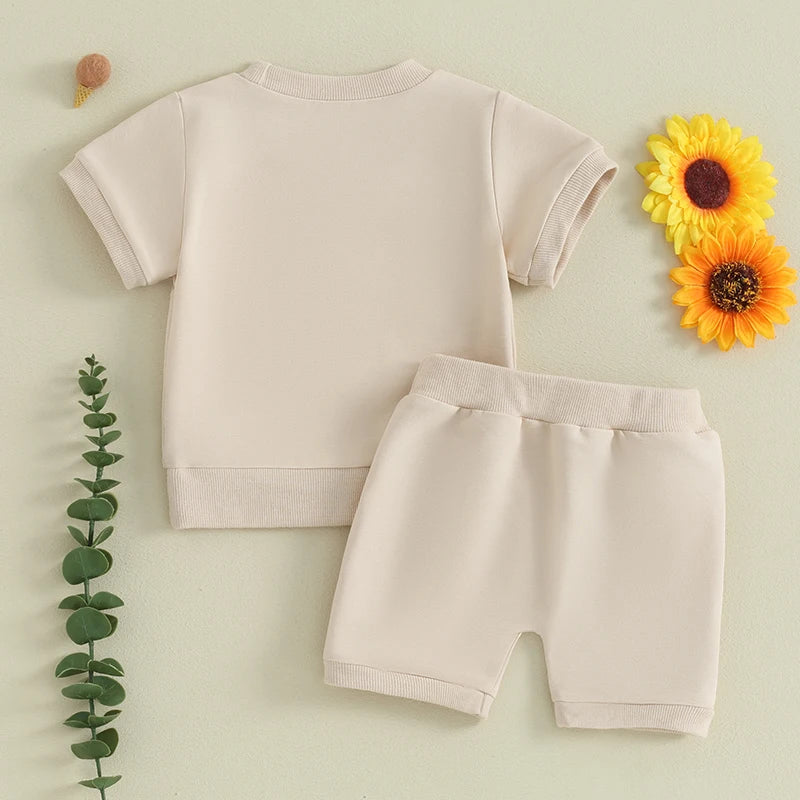 Baby Toddler Boy Girl 2Pcs Spring Summer Clothes Solid Color Short Sleeve O-Neck Top with Matching Shorts Set Outfit