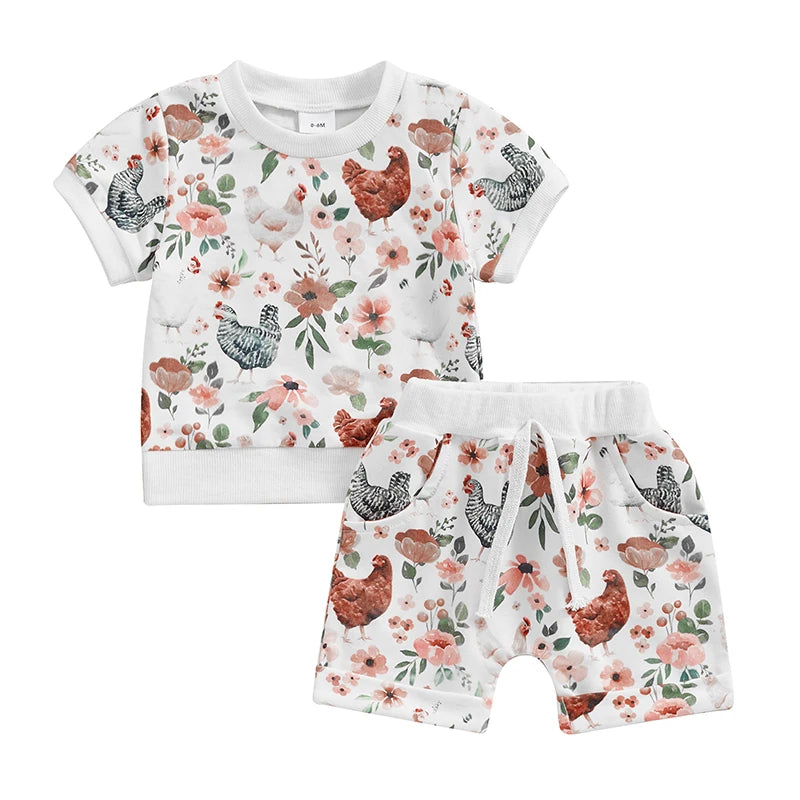 Toddler Baby Girls Boys Shorts Sets Short Sleeve Floral Chick Print Top Drawstring Shorts Outfit