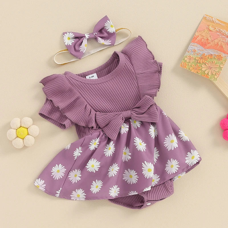 Baby Girl 2Pcs Romper Dress Skirt Daisy Print Short Sleeve Round Neck Jumpsuit Frill Sleeve with Bow Headband