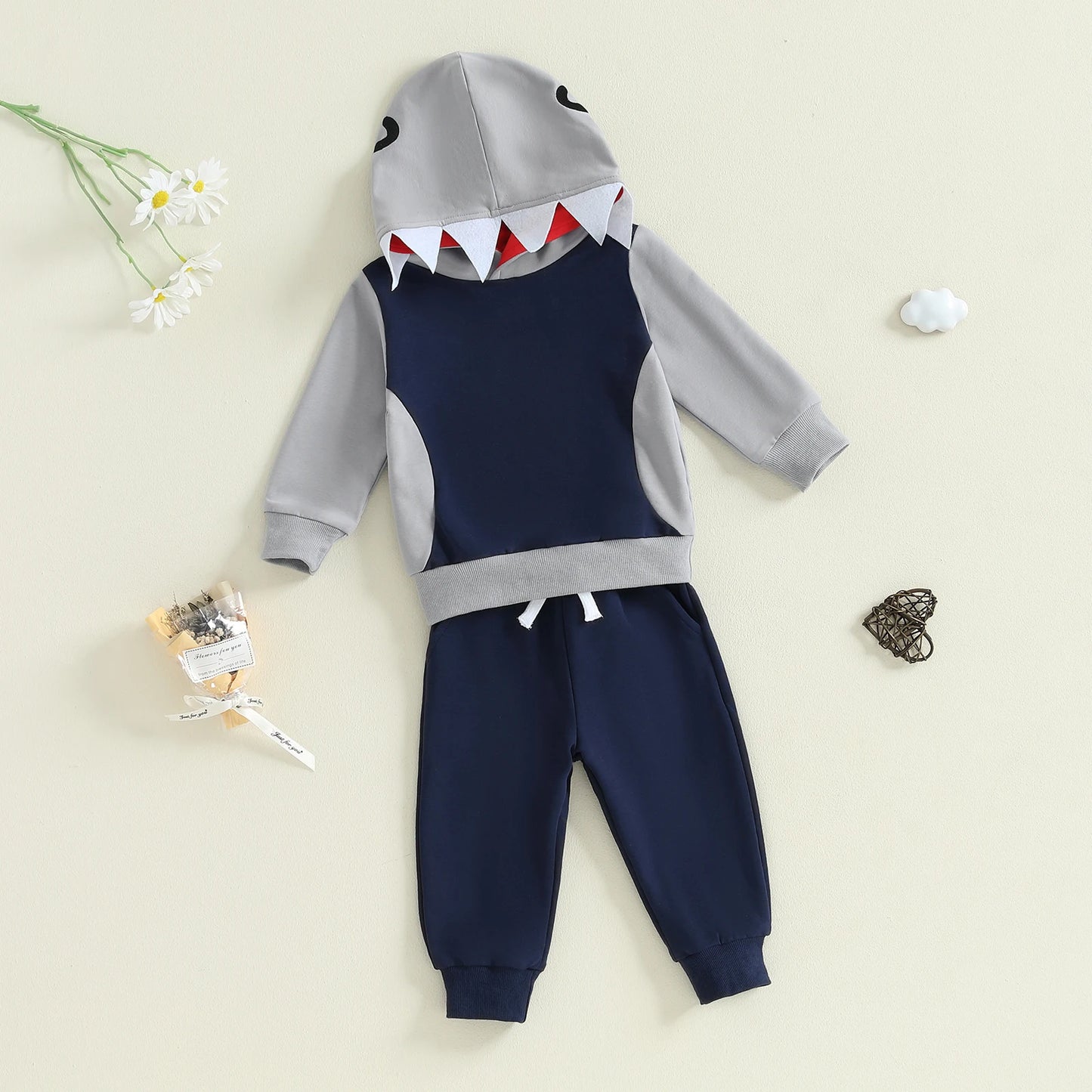 Baby Toddler Boys 2Pcs Fall Outfit Shark Pattern Long Sleeve Hoodie Elastic Waist Pants Jogger Set