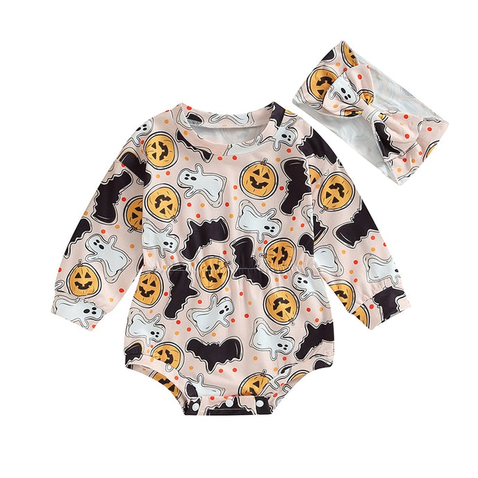 Baby Girl 2Pcs Halloween Outfits Long Sleeve Pumpkin Ghost Print Bodysuit Romper with Headband Set