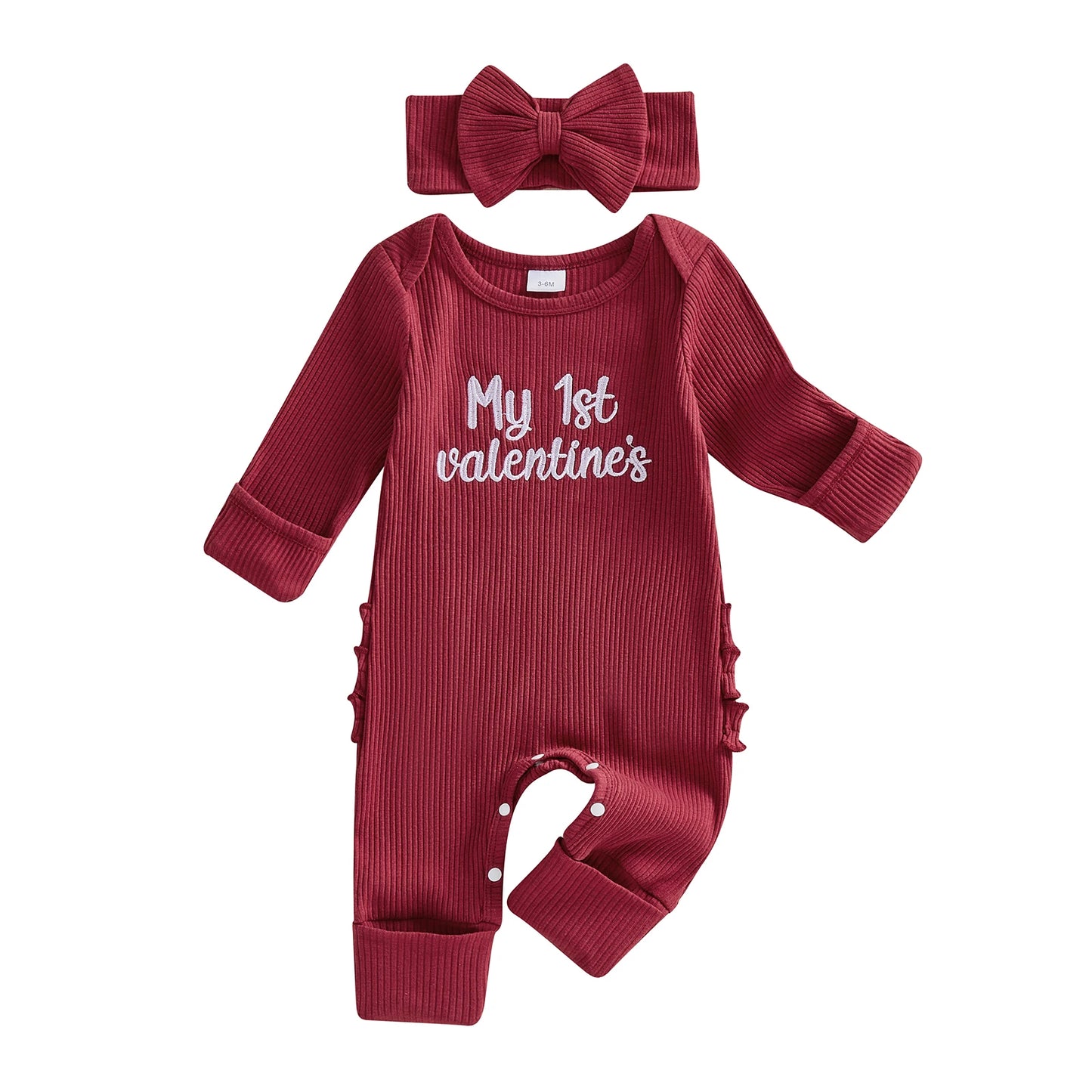 Baby Girls 2Pcs My 1st Valentine's Outfit Letter Embroidered Long Sleeve Romper and Bow Headband Set